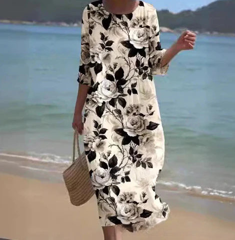 Lockeres, modisches, hochwertiges, langärmeliges Kleid mit Rundhalsausschnitt und Print m301053