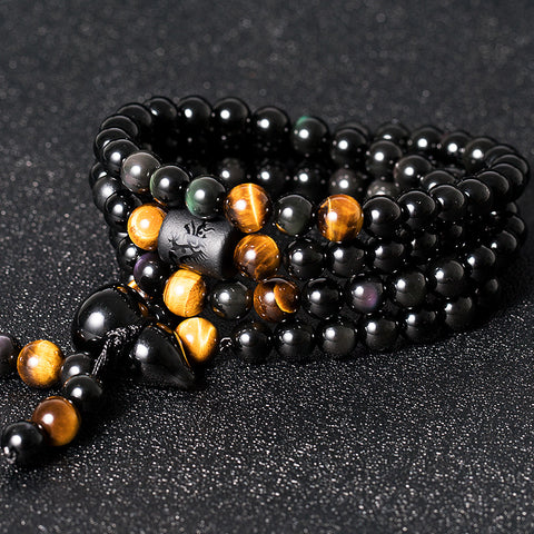 Bracelet et collier en obsidienne œil arc-en-ciel en cristal naturel, double usage, pour hommes et femmes, 108 perles de Bouddha, gourde de sécurité m3331308