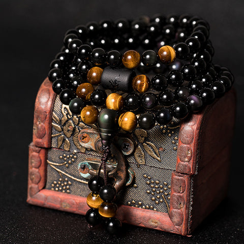 Bracelet et collier en obsidienne œil arc-en-ciel en cristal naturel, double usage, pour hommes et femmes, 108 perles de Bouddha, gourde de sécurité m3331308