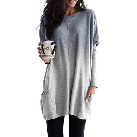 Gradual change color long sleeve casual pocket t-shirt m300380