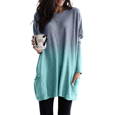 Gradual change color long sleeve casual pocket t-shirt m300380