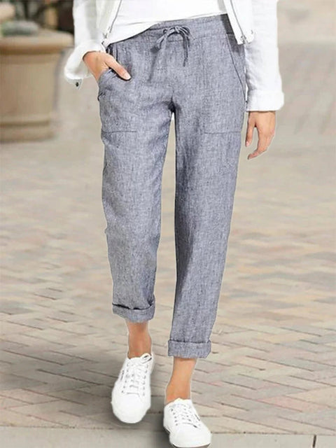 Drawstring high waist pocket loose large size cotton and linen casual pants women m301567