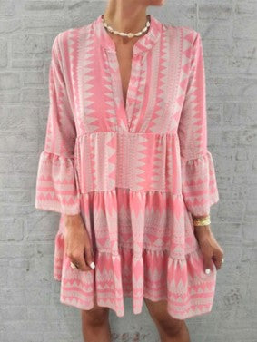 Bedrucktes Kleid, lockerer V-Ausschnitt, Chiffon, plissierter kurzer Rock, m300054 