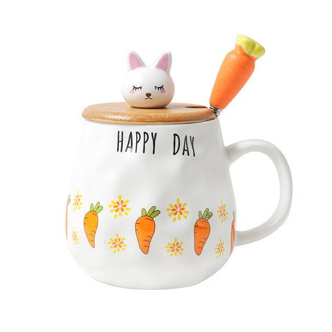 Tasse en céramique avec couvercle en bois et motif lapin radis de dessin animé