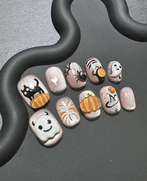 Porter un patch de manucure citrouille mignon en trois dimensions de dessin animé fait à la main, peint à la main, ongles amusants pour étudiants m3331218