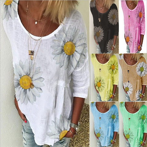 T-Shirt mit Rundhalsausschnitt und 7/4-Ärmeln und Chrysanthemen-Print für Damen m300893 