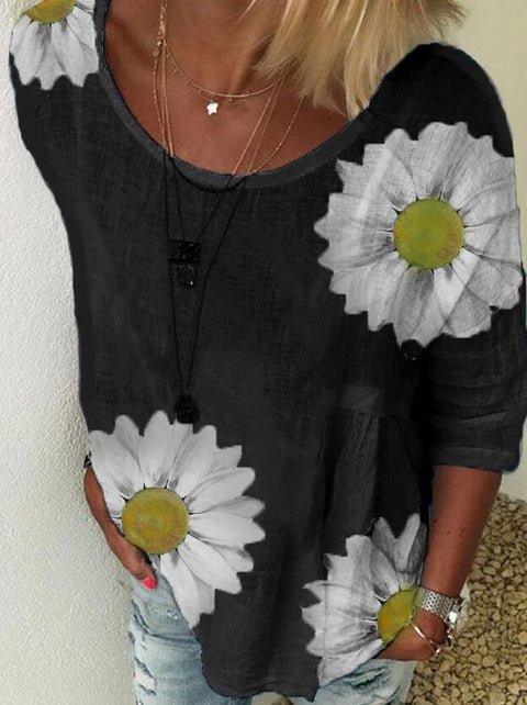 T-Shirt mit Rundhalsausschnitt und 7/4-Ärmeln und Chrysanthemen-Print für Damen m300893 