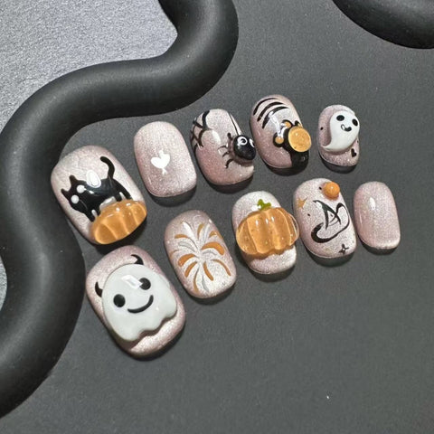 Porter un patch de manucure citrouille mignon en trois dimensions de dessin animé fait à la main, peint à la main, ongles amusants pour étudiants m3331218
