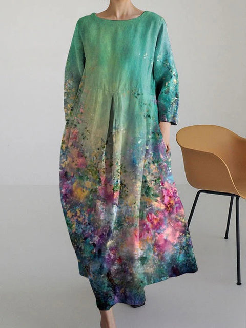Robe ample à col ras du cou et manches longues imprimée m301072