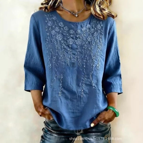 Popular literary and retro solid color seven-quarter sleeve T-shirt women's loose crew neck top m302686