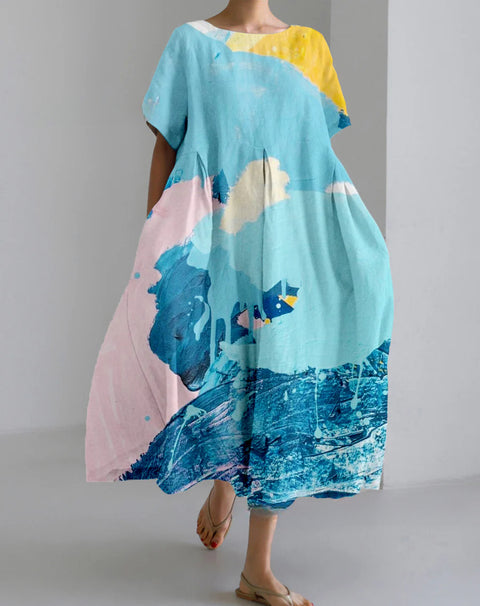 Robe ample à col ras du cou et manches courtes pour femme, haut de gamme, imprimée, m301052