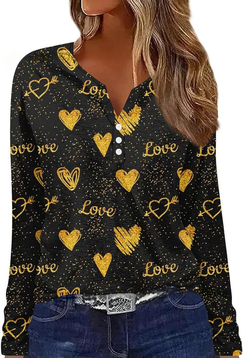 T-shirt imprimé col V à manches longues et trois boutons m300618 