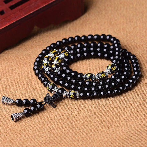 Bracelet en obsidienne 108 perles de Bouddha, bracelet multi-cercles, mantra à six caractères m3331229