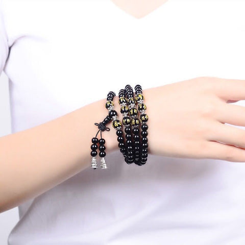 Bracelet en obsidienne 108 perles de Bouddha, bracelet multi-cercles, mantra à six caractères m3331229