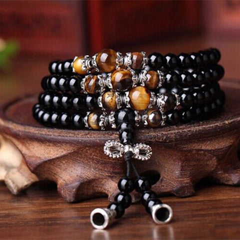 Bracelet en obsidienne 108 perles de Bouddha, bracelet multi-cercles, mantra à six caractères m3331229