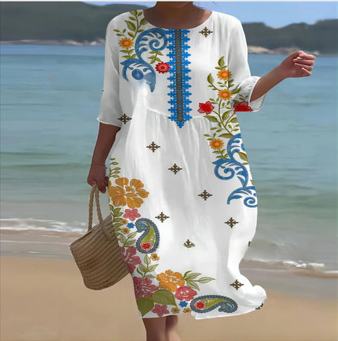 Lockeres, modisches, hochwertiges, langärmeliges Kleid mit Rundhalsausschnitt und Print m301053
