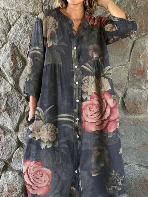 Robe chemise ample à col ras du cou et manches longues pour femme, imprimée, de qualité supérieure, m301050