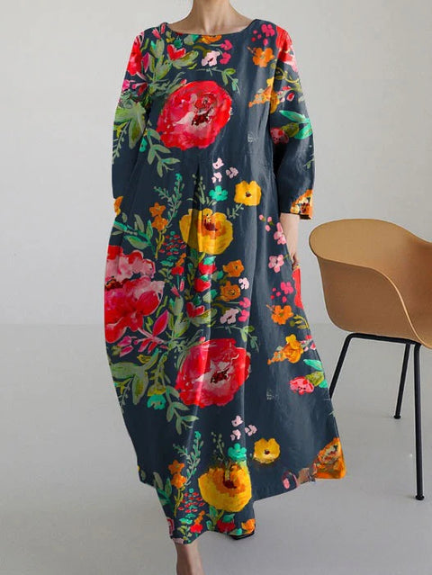Robe ample à col ras du cou et manches longues imprimée m301072
