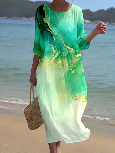 Robe ample à col ras du cou et manches longues imprimée m301072