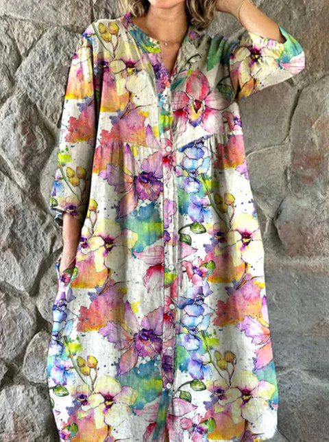 Robe chemise ample à col ras du cou et manches longues pour femme, imprimée, de qualité supérieure, m301050
