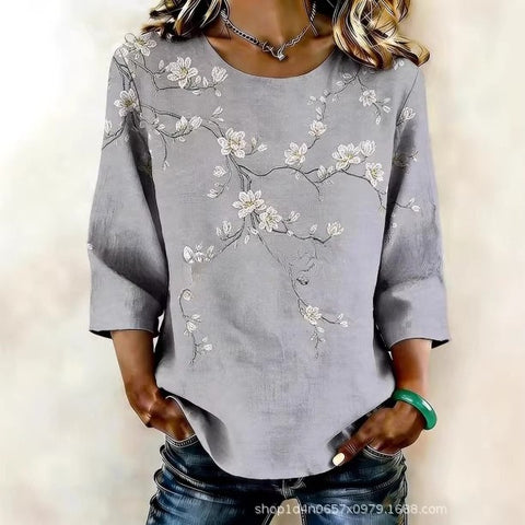 Popular literary and retro solid color seven-quarter sleeve T-shirt women's loose crew neck top m302686