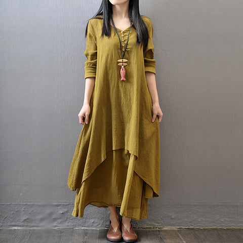 Spring and Autumn Break two-piece long dress literary pendulum linen dress loose long-sleeved cotton and linen skirt m302521
