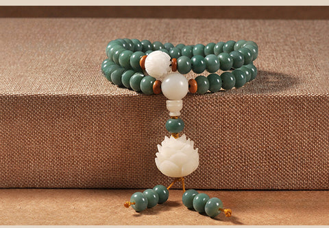 Bracelet racine Bodhi en peau verte naturelle patinée, 108 pièces, perles de Bouddha Wenwan en graines Bodhi, chapelet m3331235