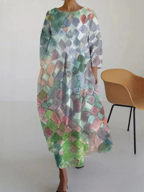 Robe ample à col ras du cou et manches longues imprimée m301072