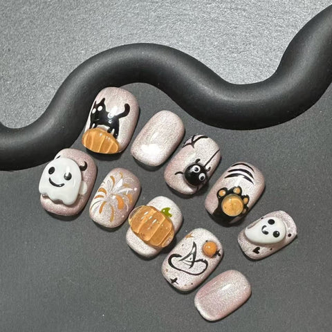Porter un patch de manucure citrouille mignon en trois dimensions de dessin animé fait à la main, peint à la main, ongles amusants pour étudiants m3331218