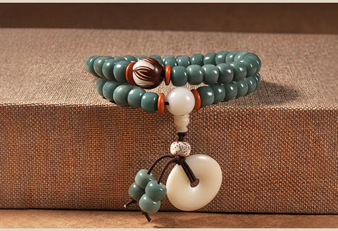 Bracelet racine Bodhi en peau verte naturelle patinée, 108 pièces, perles de Bouddha Wenwan en graines Bodhi, chapelet m3331235