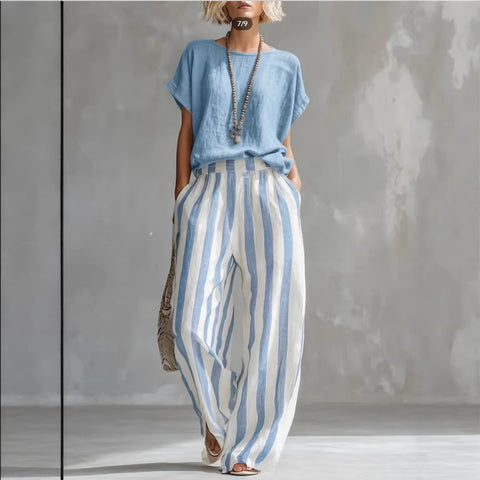 Comfort Classic Striped Cotton and Linen Two-piece Set m302715
