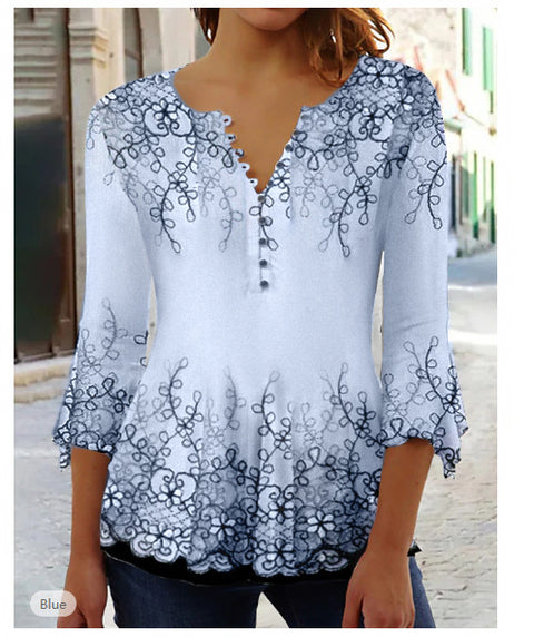 T-shirt à imprimé floral Ruili Fashion, col en V, manches trois-quarts m300035