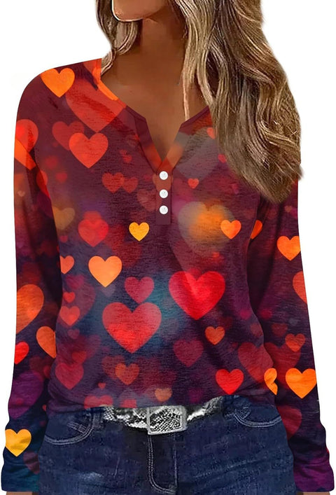 T-shirt imprimé col V à manches longues et trois boutons m300618 