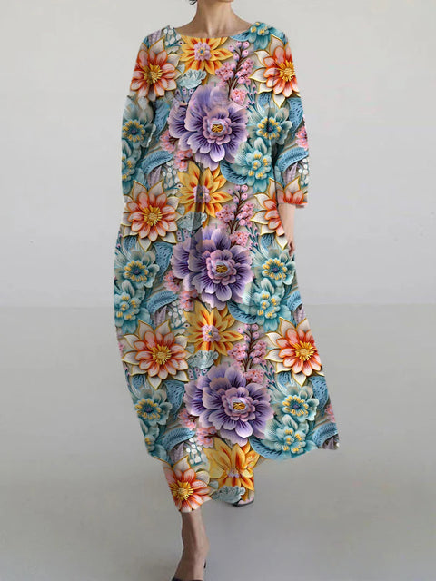 Robe ample à col ras du cou et manches longues pour femme, haut de gamme, imprimée, m301049