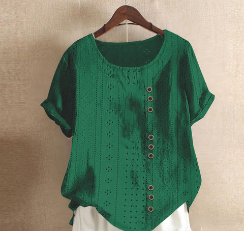 Haut d'été ample à manches courtes et col rond pour femme, couleur unie, avec boutons, style Palace Lock, m300046