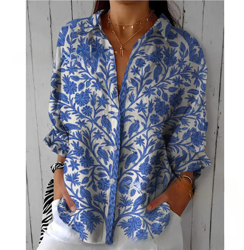 Chemise en lin à manches longues et boucle pour femme, motif abstrait imprimé numérique 3D, M301277 