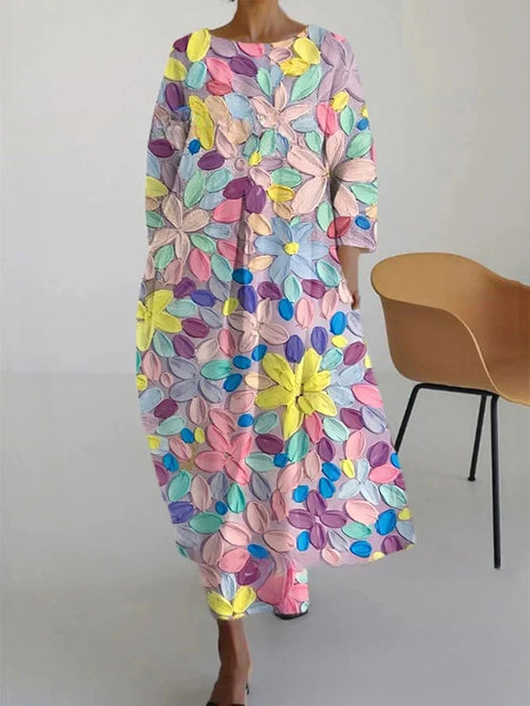Robe ample à col ras du cou et manches longues imprimée m301072