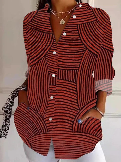 3D digital printing abstract pattern women's long-sleeved buckle linen shirt m302749-03