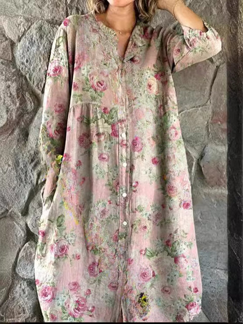 Robe chemise ample à col ras du cou et manches longues pour femme, imprimée, de qualité supérieure, m301050