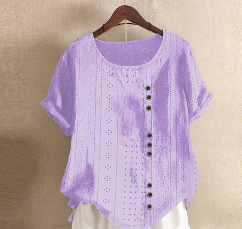 Haut d'été ample à manches courtes et col rond pour femme, couleur unie, avec boutons, style Palace Lock, m300046