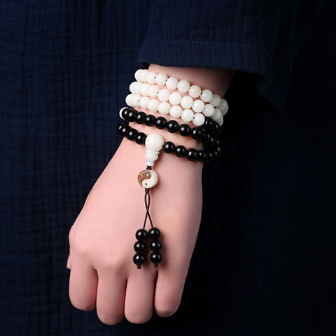Bracelet chapelet taoïste en perles d'ébène blanc Bodhi, 108 perles Hunyuan, m3331295