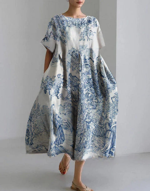 Robe ample à col ras du cou et manches courtes pour femme, haut de gamme, imprimée, m301052