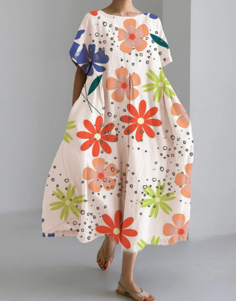 Robe ample à col ras du cou et manches courtes pour femme, haut de gamme, imprimée, m301052