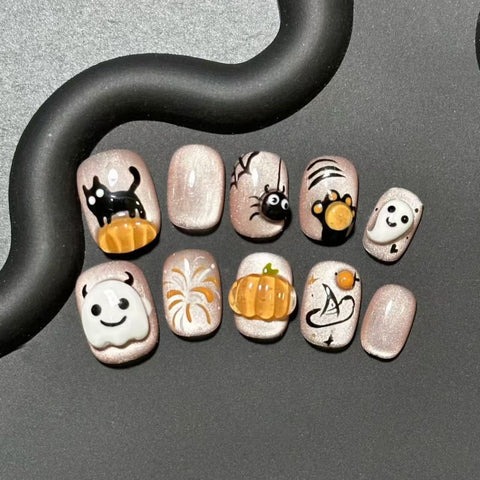 Porter un patch de manucure citrouille mignon en trois dimensions de dessin animé fait à la main, peint à la main, ongles amusants pour étudiants m3331218