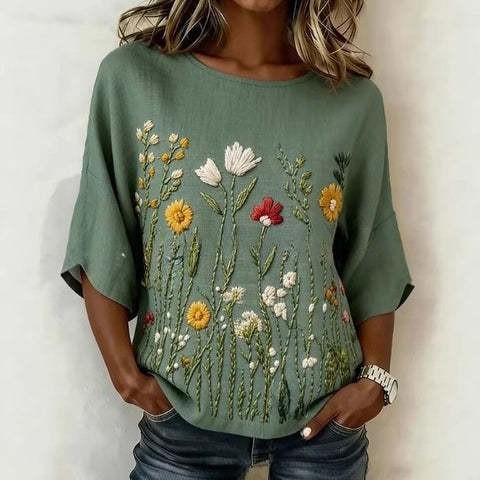 Popular literary and retro solid color seven-quarter sleeve T-shirt women's loose crew neck top m302686