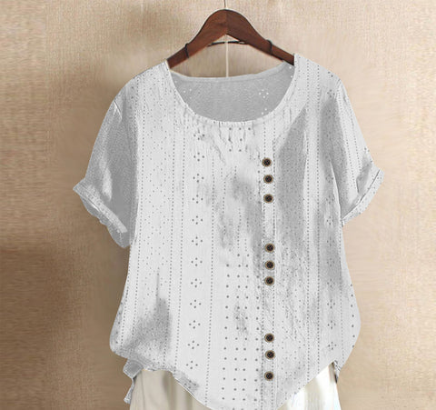 Haut d'été ample à manches courtes et col rond pour femme, couleur unie, avec boutons, style Palace Lock, m300046