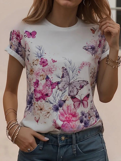 Retro Fashion Classic Printed Short Sleeve Crew Neck Regular Women's T-Shirt m302604
