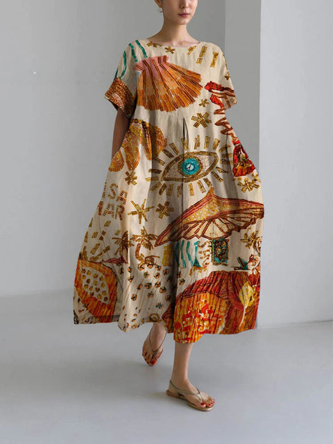 Robe ample à col ras du cou et manches courtes pour femme, haut de gamme, imprimée, m301052