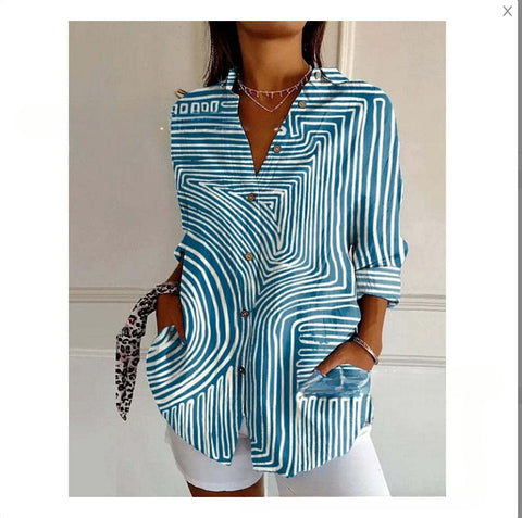 Chemise en lin à manches longues et boucle pour femme, motif abstrait imprimé numérique 3D, M301277 