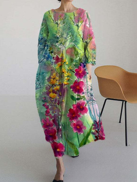 Robe ample à col ras du cou et manches longues pour femme, haut de gamme, imprimée, m301049